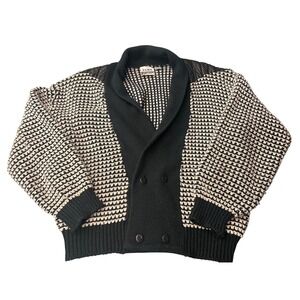 Fame Vintage 80's Black White Chunky Knit Collared Cardigan Leather Patches XL